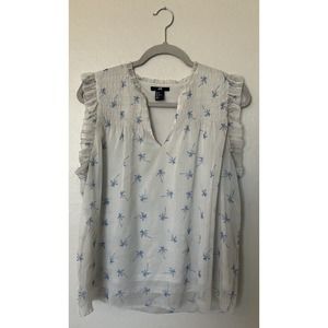 H&M Sleeveless Top Blouse - Off White, Blue Palm Trees - Beachy Costal - Size 12